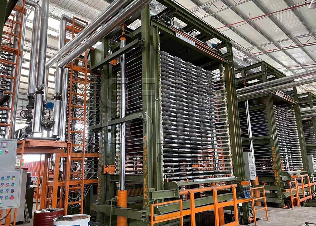 High-rise plywood hot pressing production line